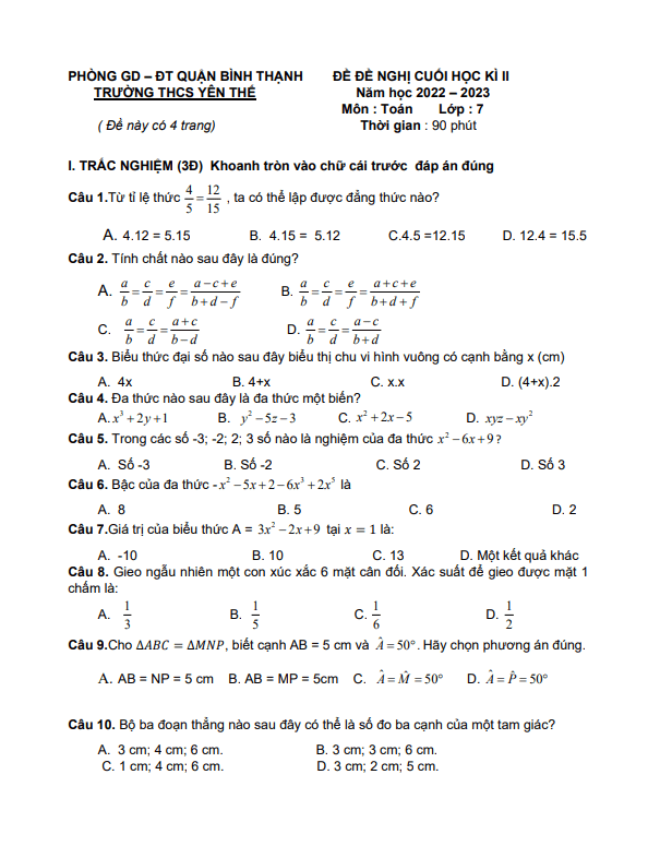 Đề đề nghị cuối kì 2 Toán 7 năm 2022 – 2023 trường THCS Yên Thế – TP HCM