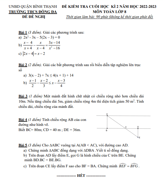 Đề đề nghị cuối kì 2 Toán 8 năm 2022 – 2023 trường THCS Đống Đa – TP HCM