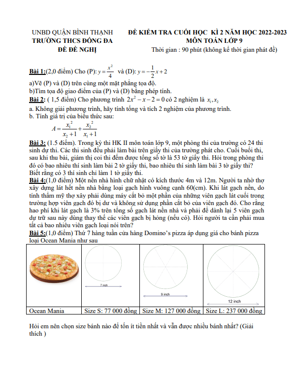 Đề đề nghị cuối kì 2 Toán 9 năm 2022 – 2023 trường THCS Đống Đa – TP HCM