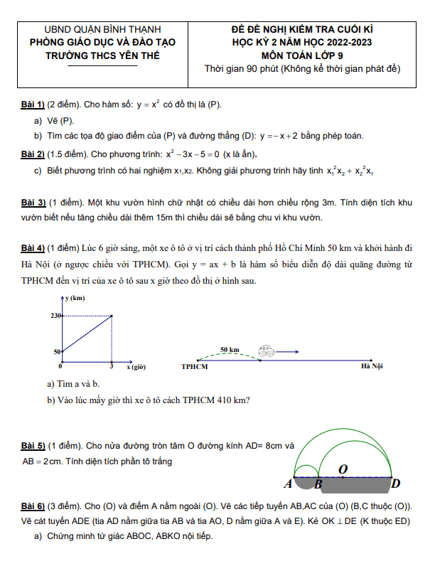 Đề đề nghị cuối kì 2 Toán 9 năm 2022 – 2023 trường THCS Yên Thế – TP HCM
