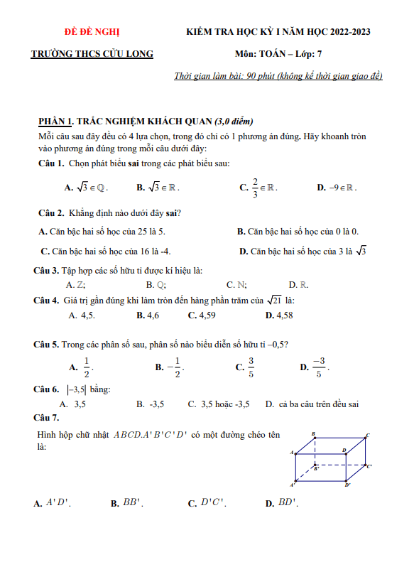 Đề đề nghị cuối kỳ 1 Toán 7 năm 2022 – 2023 trường THCS Cửu Long – TP HCM