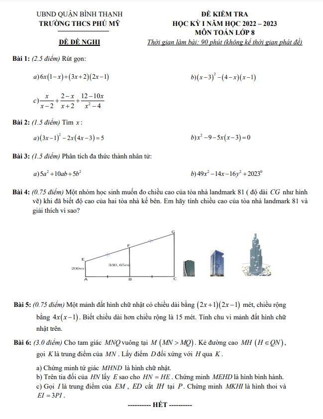 Đề đề nghị cuối kỳ 1 Toán 8 năm 2022 – 2023 trường THCS Phú Mỹ – TP HCM
