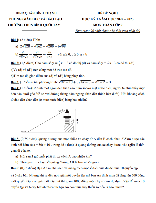 Đề đề nghị cuối kỳ 1 Toán 9 năm 2022 – 2023 trường THCS Bình Quới Tây – TP HCM