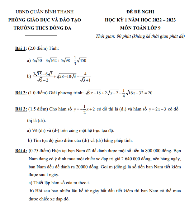 Đề đề nghị cuối kỳ 1 Toán 9 năm 2022 – 2023 trường THCS Đống Đa – TP HCM