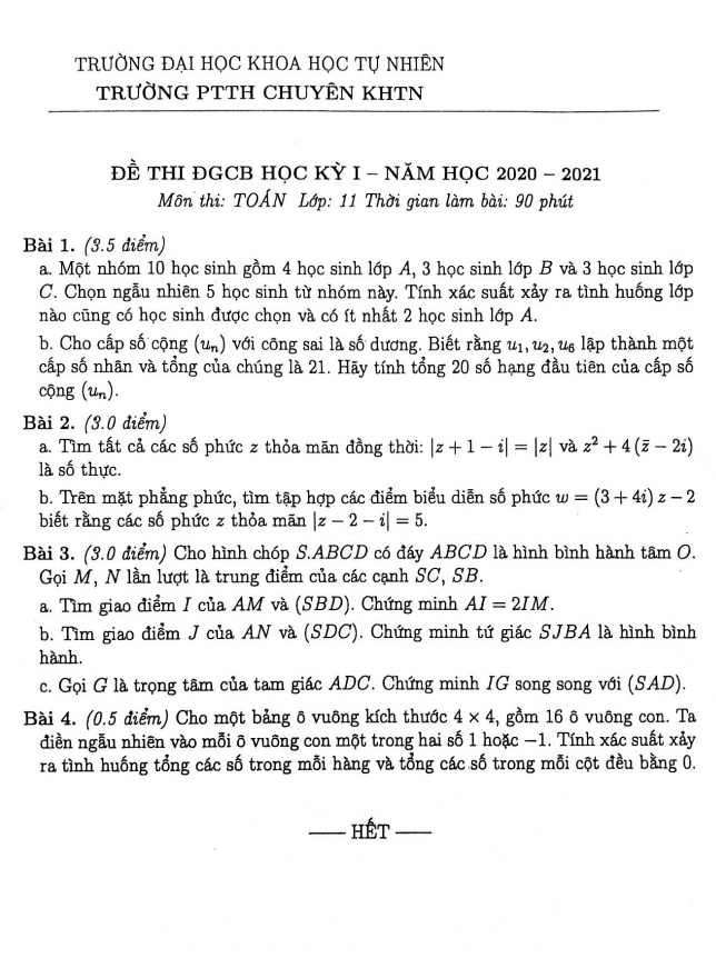 Đề ĐGCB học kỳ 1 Toán 11 năm 2020 – 2021 trường THPT chuyên KHTN – Hà Nội