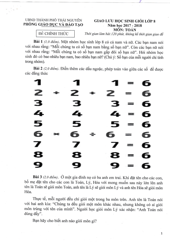 Đề giao lưu học sinh giỏi Toán 8 năm 2017 – 2018 phòng GD&ĐT thành phố Thái Nguyên