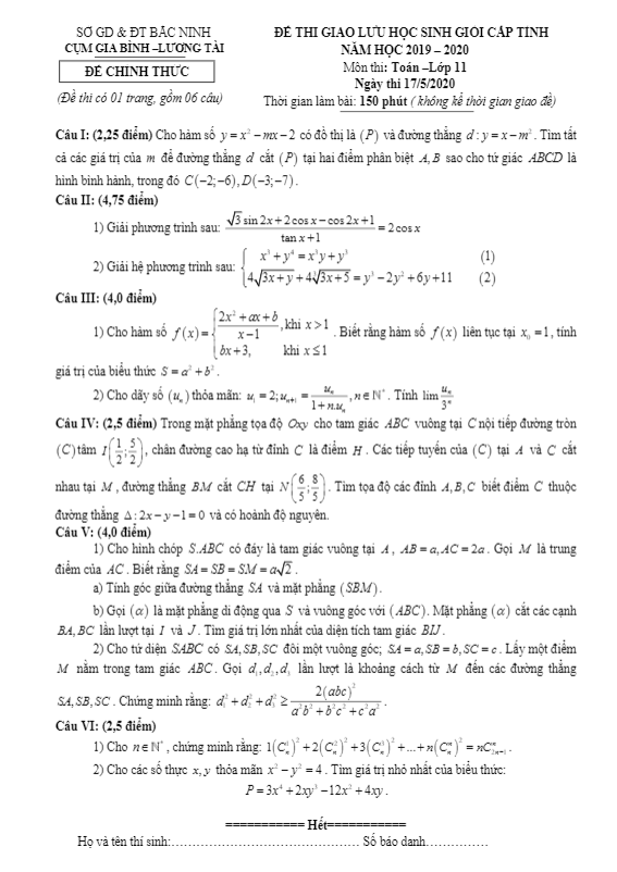 Đề giao lưu HSG Toán 11 cấp tỉnh năm 2019 – 2020 cụm Gia Bình – Lương Tài – Bắc Ninh