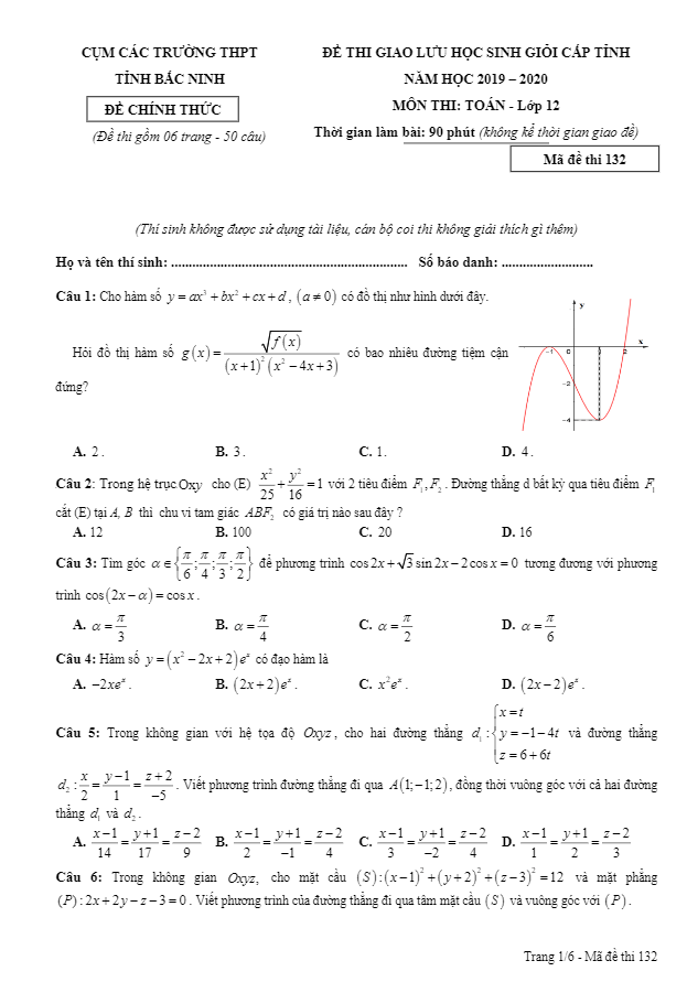 Đề giao lưu HSG Toán 12 năm 2019 – 2020 cụm các trường THPT tỉnh Bắc Ninh
