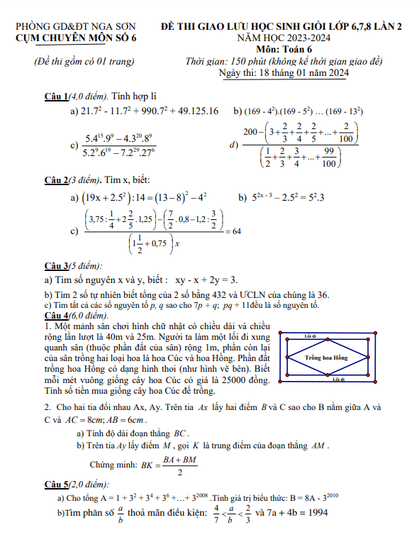 Đề giao lưu HSG Toán 6 lần 2 năm 2023 – 2024 cụm CM số 6 Nga Sơn – Thanh Hóa