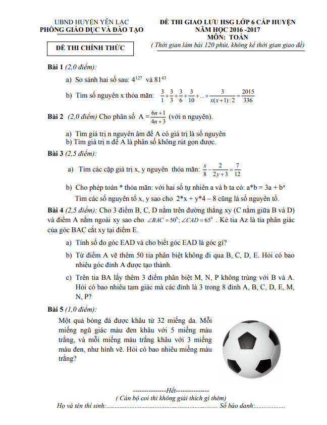 Đề giao lưu HSG Toán 6 năm 2016 – 2017 phòng GD&ĐT Yên Lạc – Vĩnh Phúc