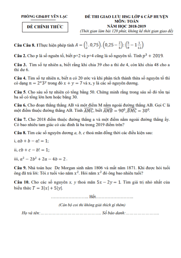 Đề giao lưu HSG Toán 6 năm 2018 – 2019 phòng GD&ĐT Yên Lạc – Vĩnh Phúc