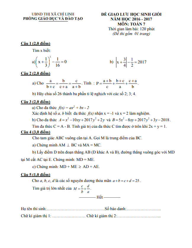 Đề giao lưu HSG Toán 7 năm 2016 – 2017 phòng GD&ĐT Chí Linh – Hải Dương