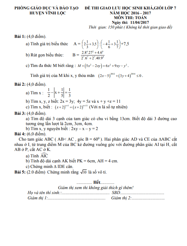 Đề giao lưu HSG Toán 7 năm 2016 – 2017 phòng GD&ĐT Vĩnh Lộc – Thanh Hóa