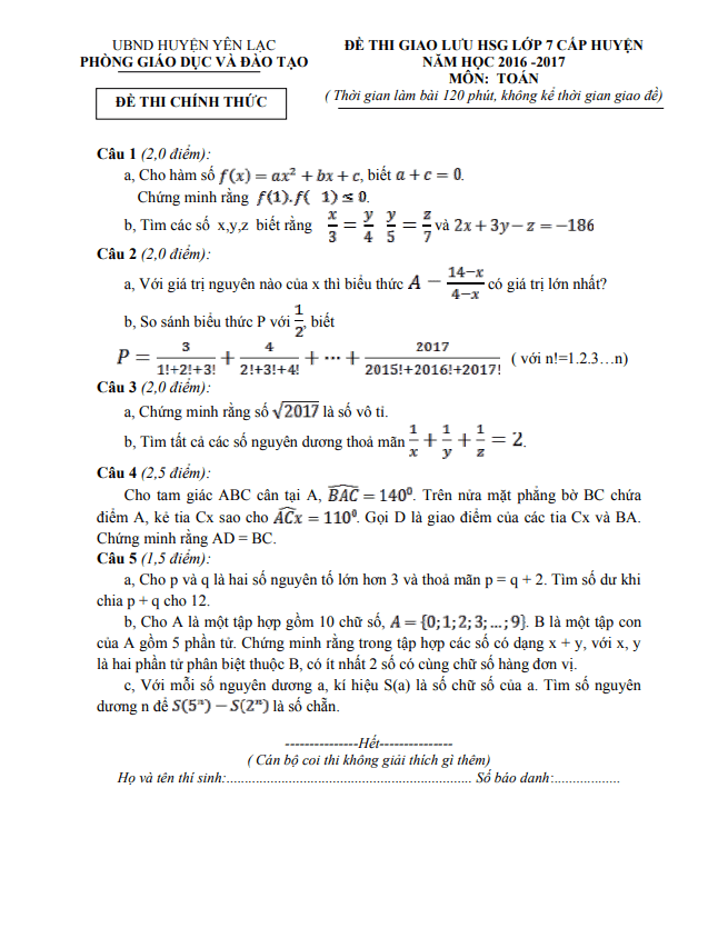 Đề giao lưu HSG Toán 7 năm 2016 – 2017 phòng GD&ĐT Yên Lạc – Vĩnh Phúc