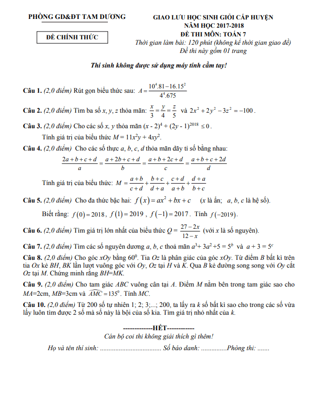 Đề giao lưu HSG Toán 7 năm 2017 – 2018 phòng GD&ĐT Tam Dương – Vĩnh Phúc