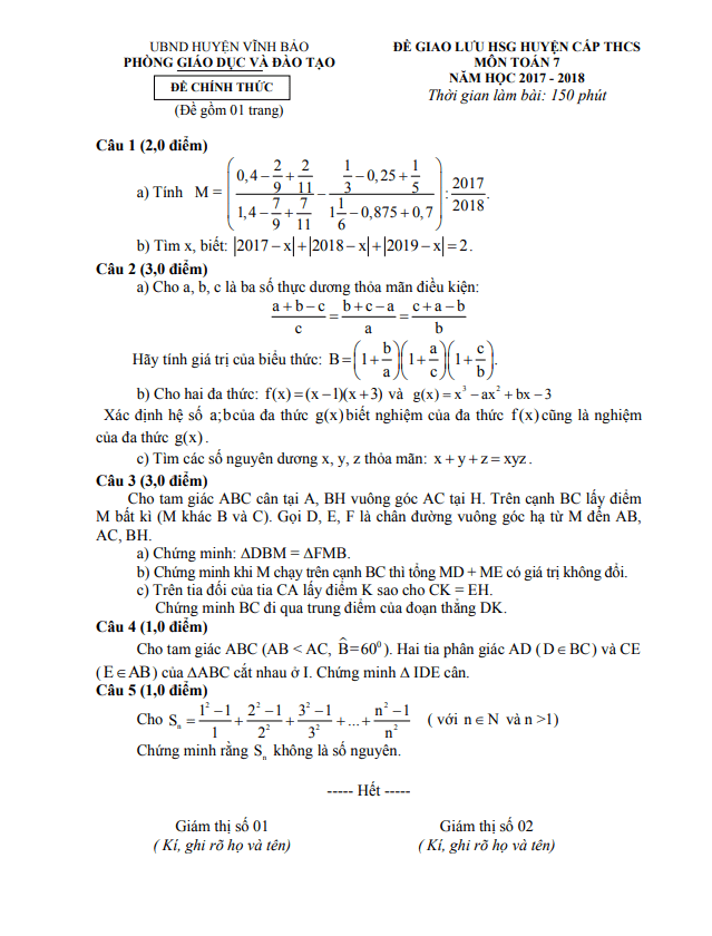 Đề giao lưu HSG Toán 7 năm 2017 – 2018 phòng GD&ĐT Vĩnh Bảo – Hải Phòng