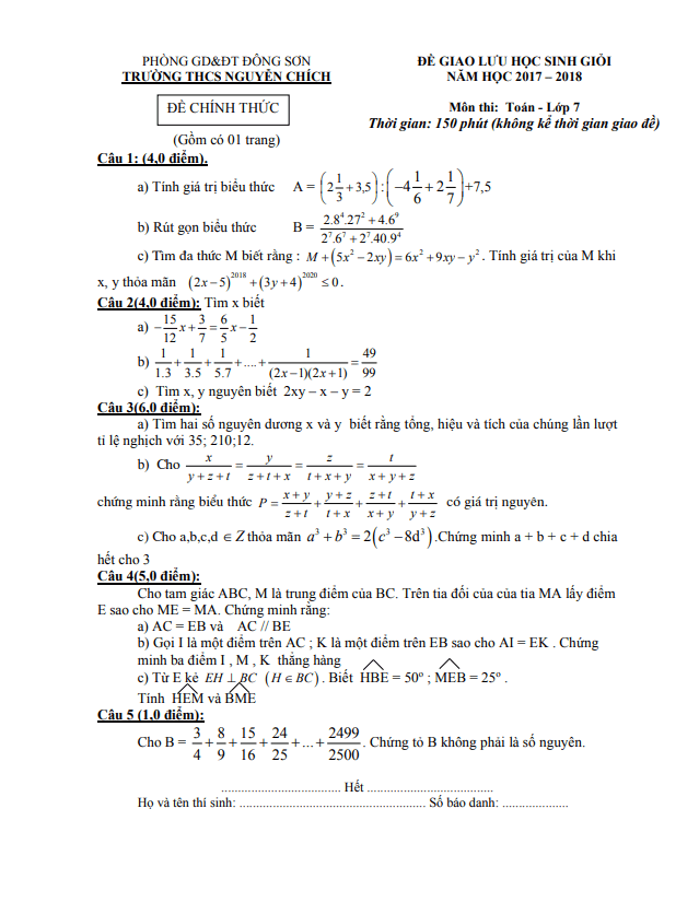 Đề giao lưu HSG Toán 7 năm 2017 – 2018 trường THCS Nguyễn Chích – Thanh Hóa