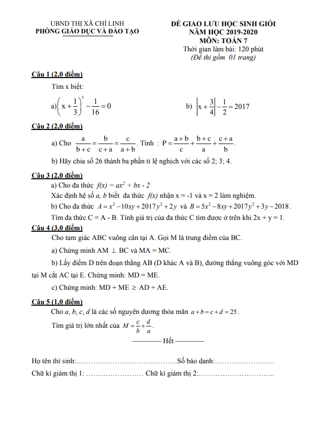 Đề giao lưu HSG Toán 7 năm 2019 – 2020 phòng GD&ĐT Chí Linh – Hải Dương