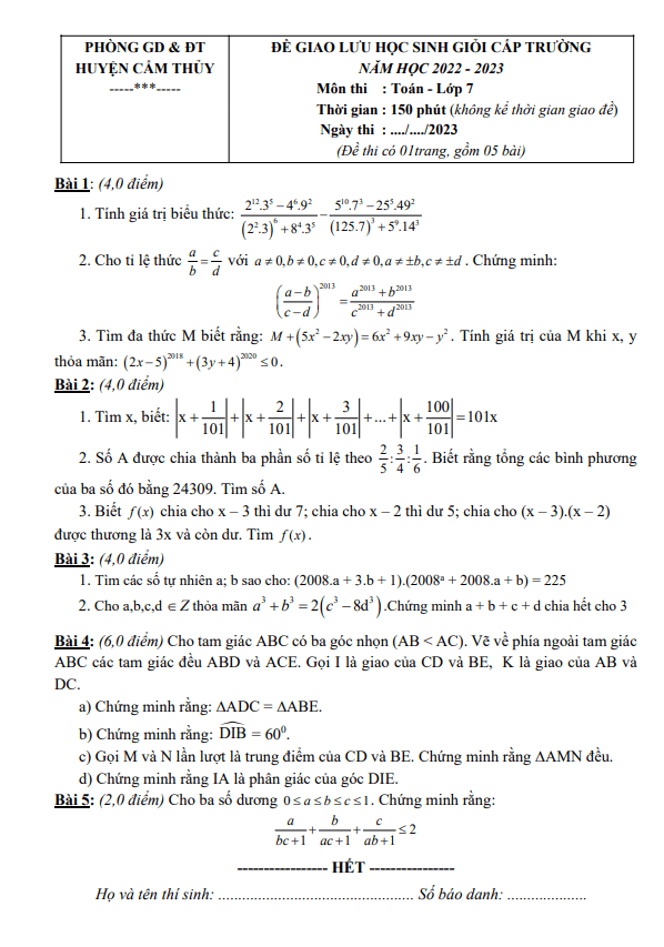 Đề giao lưu HSG Toán 7 năm 2022 – 2023 phòng GD&ĐT Cẩm Thủy – Thanh Hoá