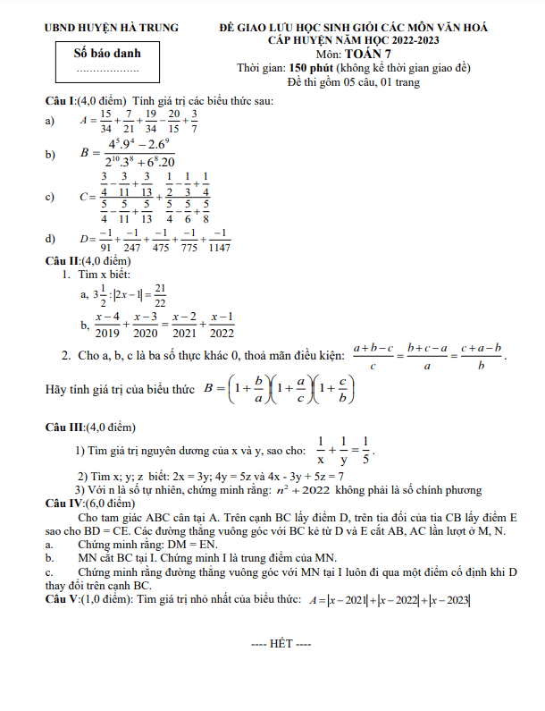 Đề giao lưu HSG Toán 7 năm 2022 – 2023 phòng GD&ĐT Hà Trung – Thanh Hóa