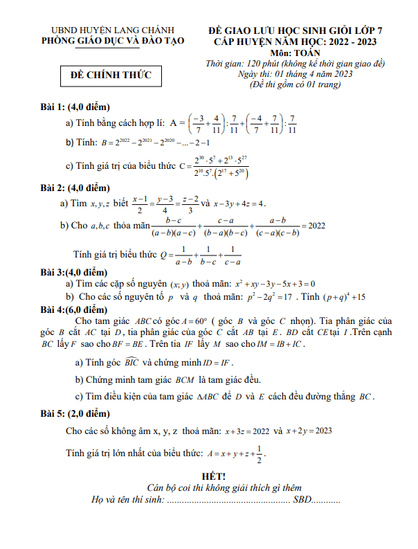 Đề giao lưu HSG Toán 7 năm 2022 – 2023 phòng GD&ĐT Lang Chánh – Thanh Hóa