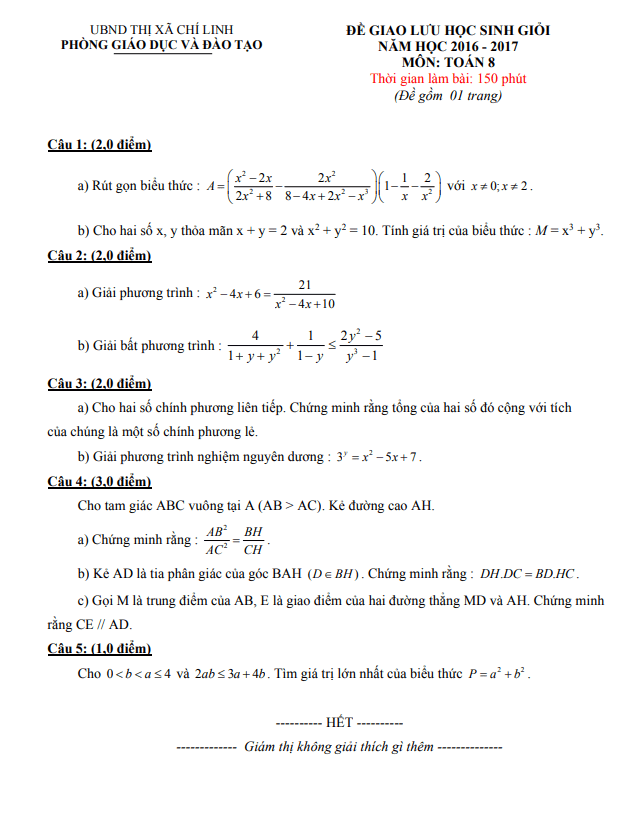 Đề giao lưu HSG Toán 8 năm 2016 – 2017 phòng GD&ĐT Chí Linh – Hải Dương