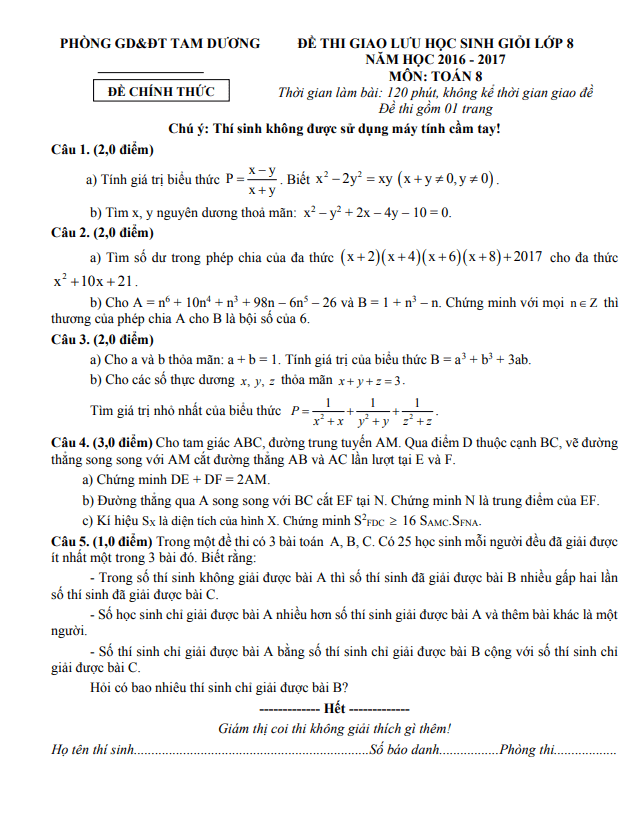 Đề giao lưu HSG Toán 8 năm 2016 – 2017 phòng GD&ĐT Tam Dương – Vĩnh Phúc