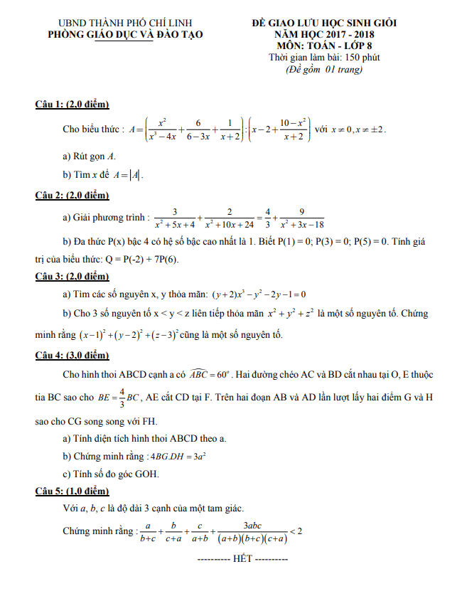 Đề giao lưu HSG Toán 8 năm 2017 – 2018 phòng GD&ĐT Chí Linh – Hải Dương