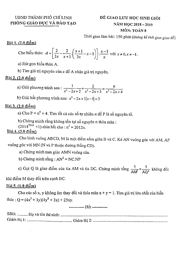 Đề giao lưu HSG Toán 8 năm 2018 – 2019 phòng GD&ĐT Chí Linh – Hải Dương