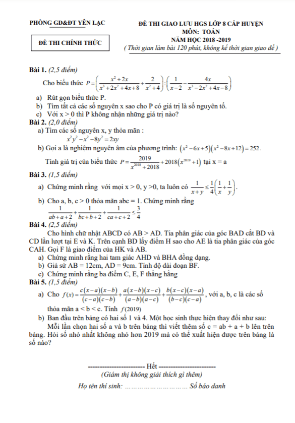 Đề giao lưu HSG Toán 8 năm 2018 – 2019 phòng GD&ĐT Yên Lạc – Vĩnh Phúc