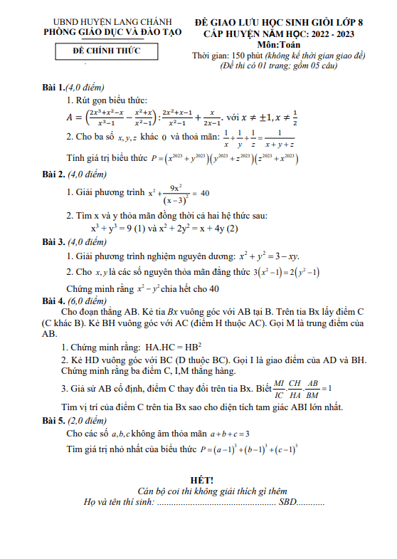 Đề giao lưu HSG Toán 8 năm 2022 – 2023 phòng GD&ĐT Lang Chánh – Thanh Hóa