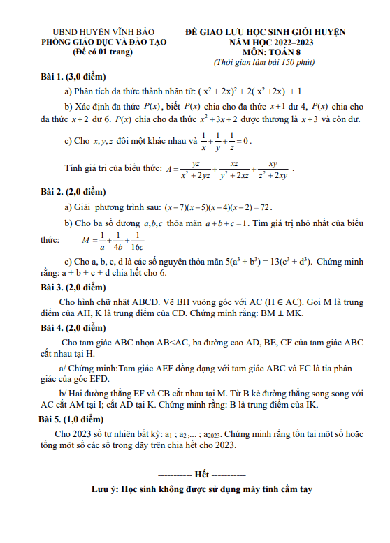 Đề giao lưu HSG Toán 8 năm 2022 – 2023 phòng GD&ĐT Vĩnh Bảo – Hải Phòng