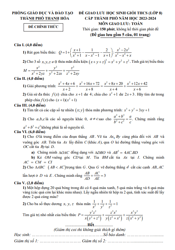 Đề giao lưu HSG Toán 8 năm 2023 – 2024 phòng GD&ĐT thành phố Thanh Hóa