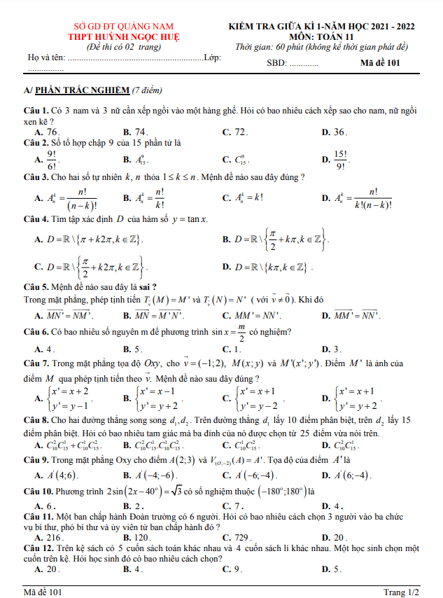 Đề giữa HK1 Toán 11 năm 2021 – 2022 trường THPT Huỳnh Ngọc Huệ – Quảng Nam