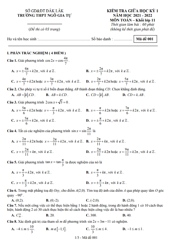 Đề giữa HK1 Toán 11 năm 2021 – 2022 trường THPT Ngô Gia Tự – Đắk Lắk