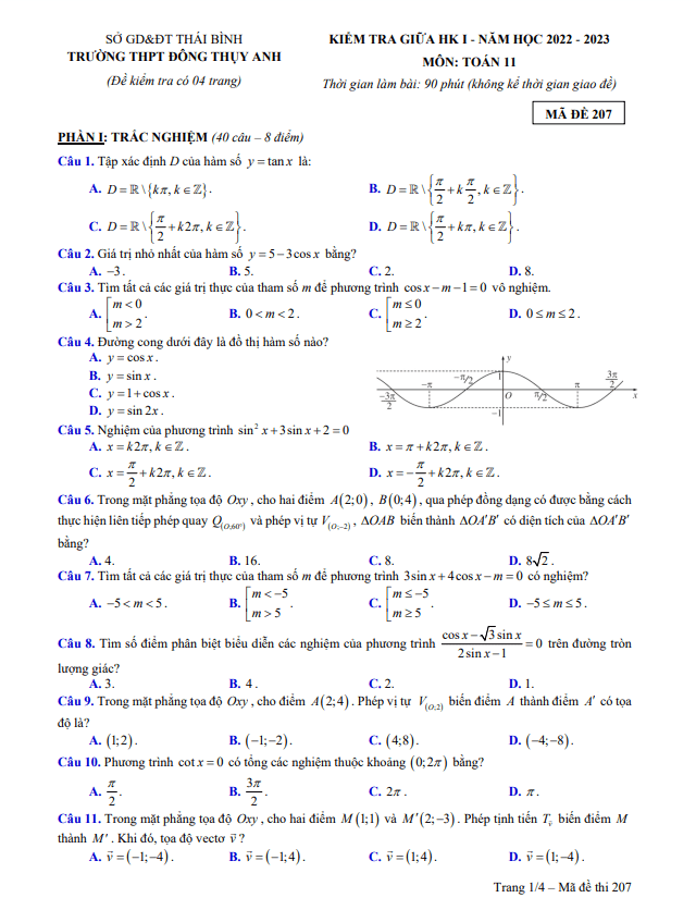 Đề giữa HK1 Toán 11 năm 2022 – 2023 trường THPT Đông Thụy Anh – Thái Bình