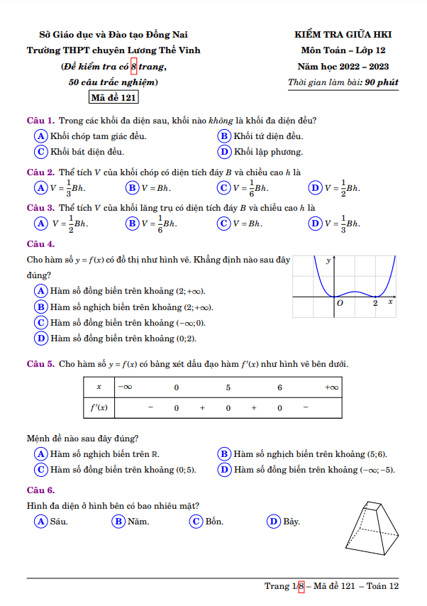 Đề giữa HK1 Toán 12 năm 2022 – 2023 trường chuyên Lương Thế Vinh – Đồng Nai