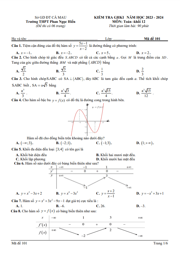 Đề giữa HK1 Toán 12 năm 2023 – 2024 trường THPT Phan Ngọc Hiển – Cà Mau