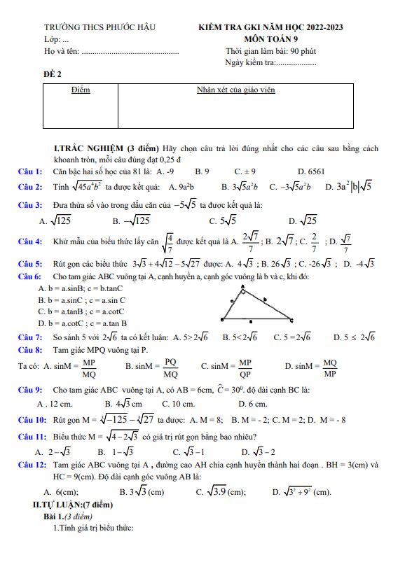 Đề giữa HK1 Toán 9 năm 2022 – 2023 trường THCS Phước Hậu – Vĩnh Long