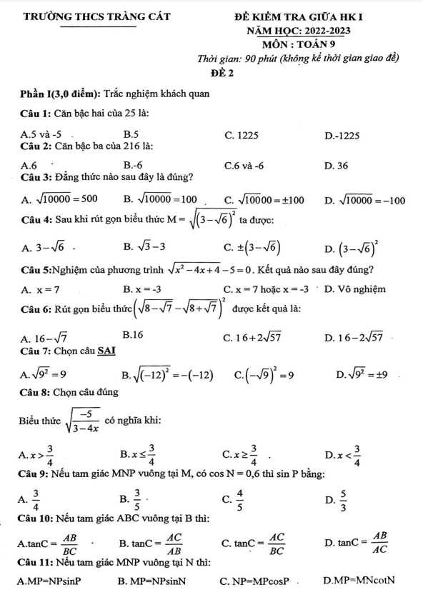 Đề giữa HK1 Toán 9 năm 2022 – 2023 trường THCS Tràng Cát – Hải Phòng