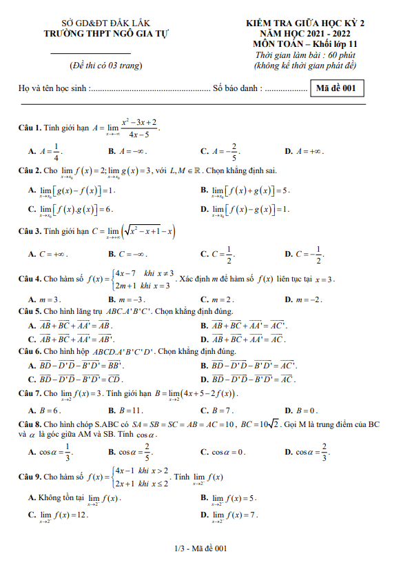 Đề giữa HK2 Toán 11 năm 2021 – 2022 trường THPT Ngô Gia Tự – Đắk Lắk