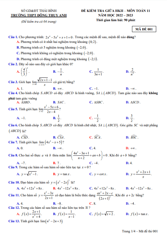 Đề giữa HK2 Toán 11 năm 2022 – 2023 trường THPT Đông Thụy Anh – Thái Bình