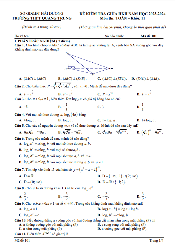 Đề giữa HK2 Toán 11 năm 2023 – 2024 trường THPT Quang Trung – Hải Dương