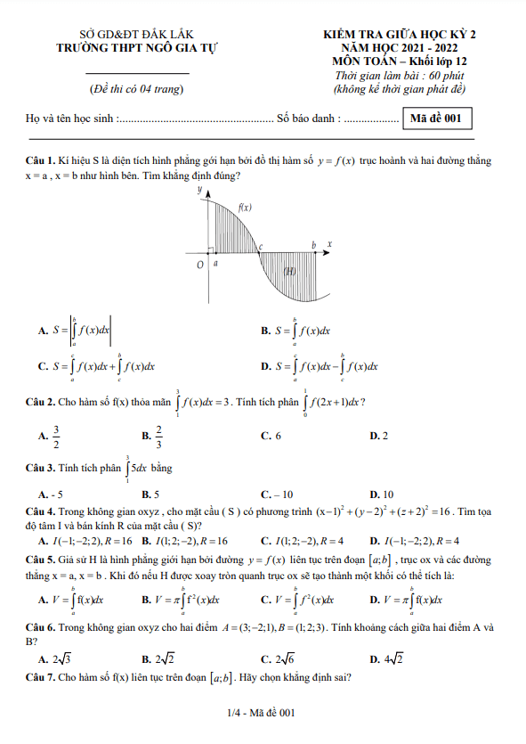 Đề giữa HK2 Toán 12 năm 2021 – 2022 trường THPT Ngô Gia Tự – Đắk Lắk
