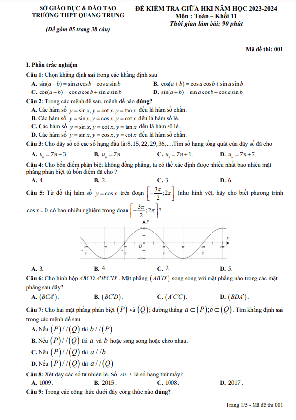 Đề giữa HKI Toán 11 năm 2023 – 2024 trường THPT Quang Trung – Hải Dương