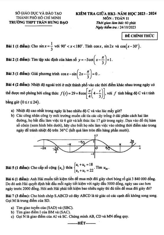 Đề giữa HKI Toán 11 năm 2023 – 2024 trường THPT Trần Hưng Đạo – TP HCM