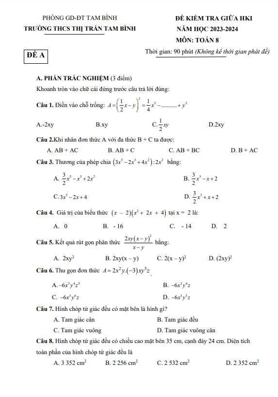 Đề giữa HKI Toán 8 năm 2023 – 2024 trường THCS Thị trấn Tam Bình – Vĩnh Long