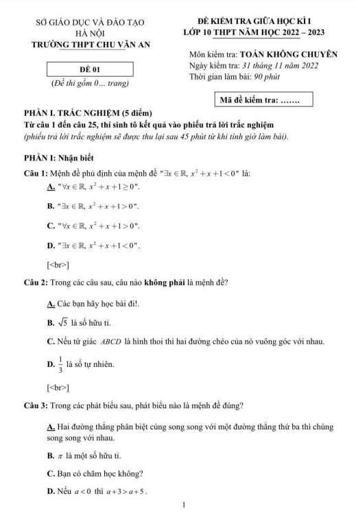 Đề giữa học kì 1 Toán 10 năm 2022 – 2023 trường THPT Chu Văn An – Hà Nội