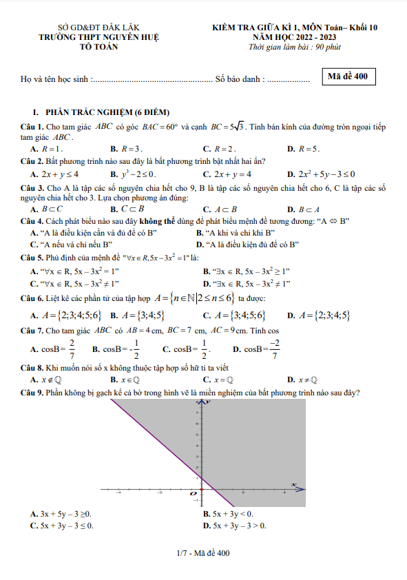 Đề giữa học kì 1 Toán 10 năm 2022 – 2023 trường THPT Nguyễn Huệ – Đắk Lắk