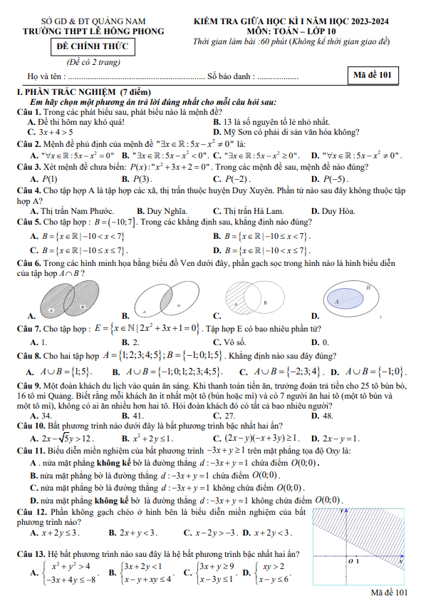 Đề giữa học kì 1 Toán 10 năm 2023 – 2024 trường THPT Lê Hồng Phong – Quảng Nam